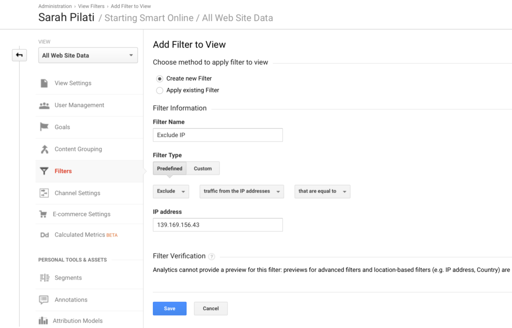 Exclude IP address in Google Analytics